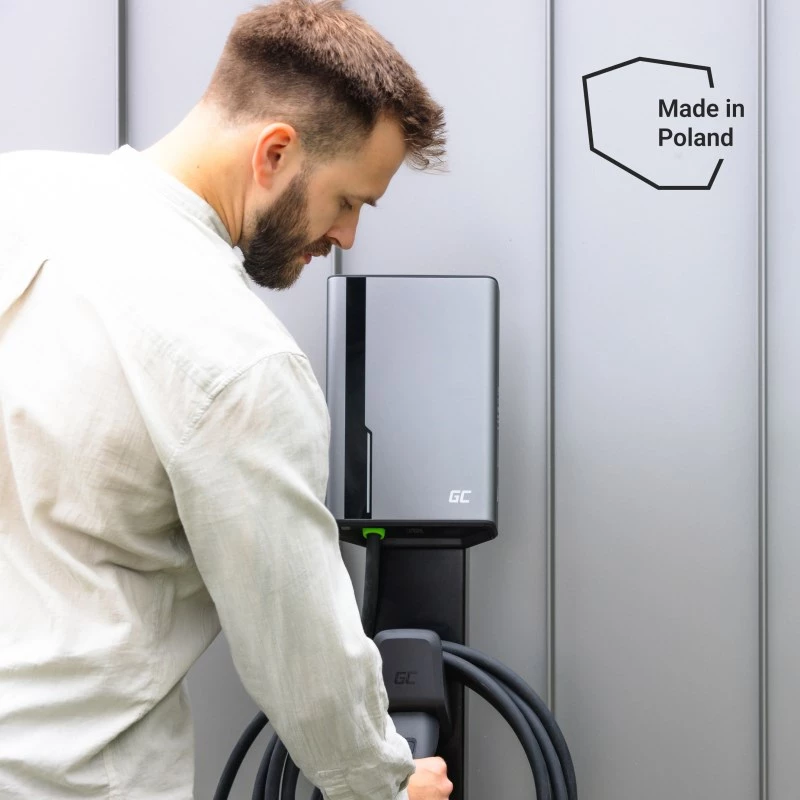 Green Cell HabuDen EVGC021B2250 Wallbox elektroauto uzlādes stacija 22 kW 32A, Type 2, 5 m kabelis, NFC, Bluetooth, Wi-Fi, alumīnijs