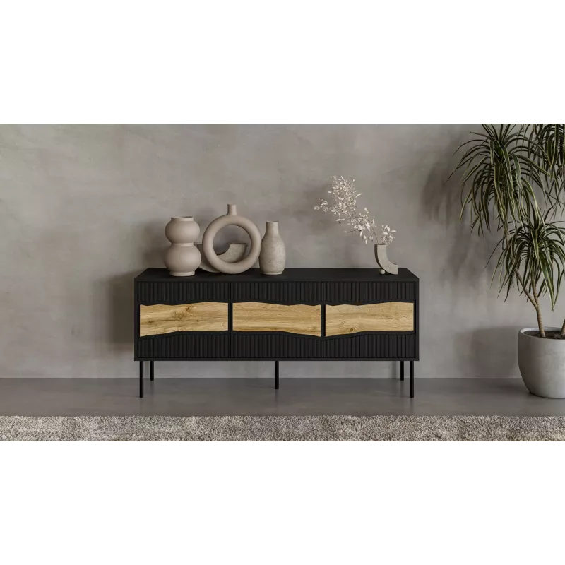 TV skapis INSERTO 3D 143.5x40x61.5 cm melns ar LED, skaidu plātnes virsma