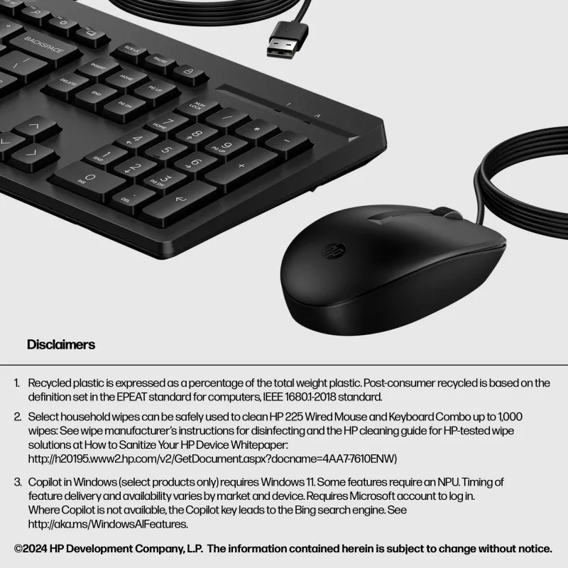 HP 225 G2 USB vadu peles un tastatūras komplekts, Copilot taustiņš, šķidruma izturīgs - Melns - IGAUNU