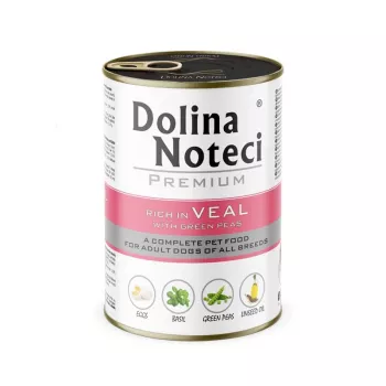 Slapjā suņu barība Dolina Noteci Premium Rich ar teļa gaļu un zaļajiem zirnīšiem 400 g, pieaugušiem suņiem, 12% olbaltumvielas, 6.5% tauki