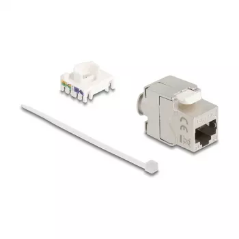 Keystone modulis DELOCK 90723 — plakans RJ-45 ieliktnis, sudrabs/balts, 16×28.5×22.6 mm