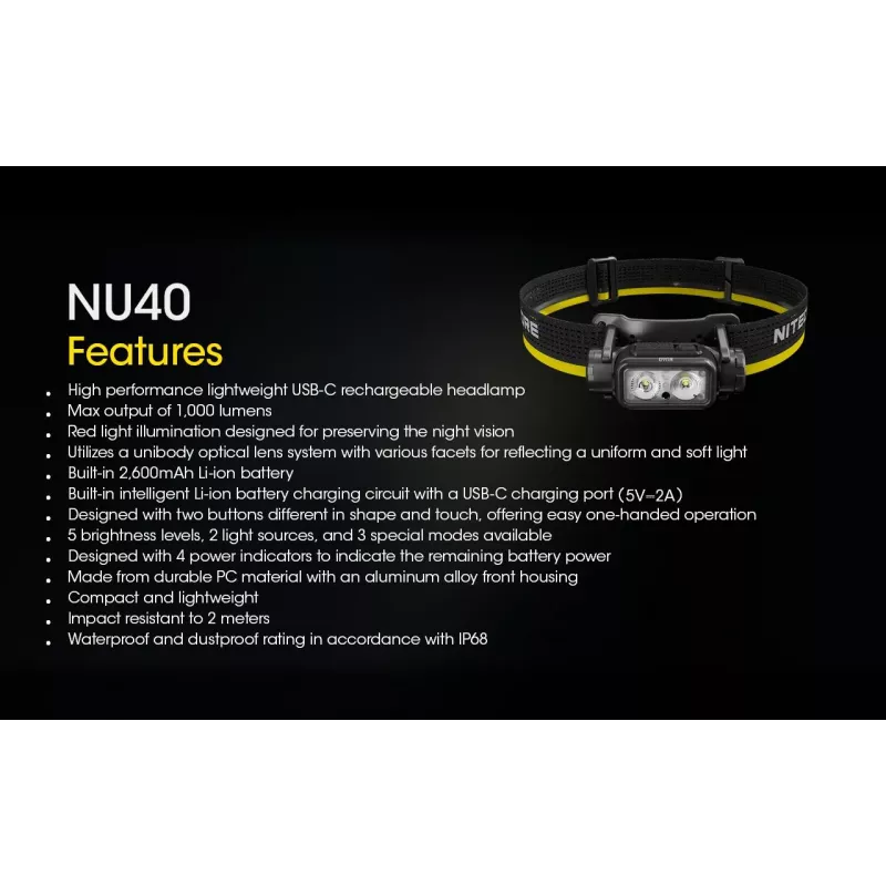 Galvas lukturis Nitecore NU40 Black LED 2 lampas IP68
