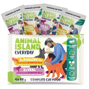 Animal Island Everyday mitrā barība kaķiem – Teļa gaļa un mājputni ar aknām, 4 x 85 g paciņas