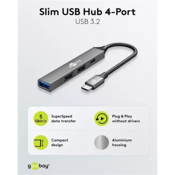 Goobay Slim 4-Port USB-Hub, USB-C™ uz USB-C™/USB-A, USB 3.2 (74459)