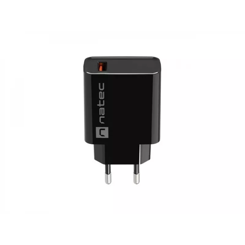 Natec Ribera NUC-2058 tīkla lādētājs, 18 W, 1x USB-A, līdz 3 A, Quick Charge 3.0, Samsung AFC, Huawei FCP/SCP, melns