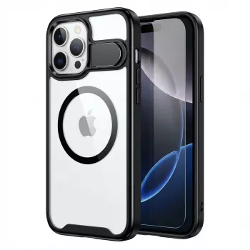 GUAN aizsargmaciņš Apple iPhone 16 Plus ar 10H rūdītu stiklu un statīvu, caurspīdīga aizmugure ar melnu rāmi
