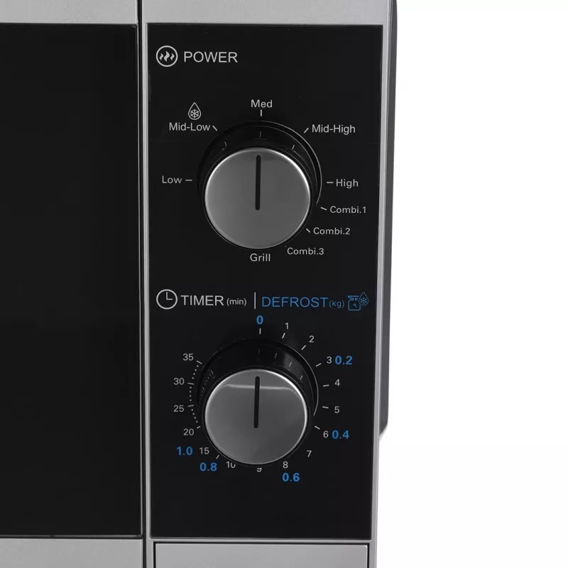 Kombinētā mikroviļņu krāsns Sharp YC-MG01E-S — 20 L, 800 W mikroviļņi, 1000 W grils, 5 jaudas līmeņi, rotācijas vadība, 25,5 cm pagrieziena galds