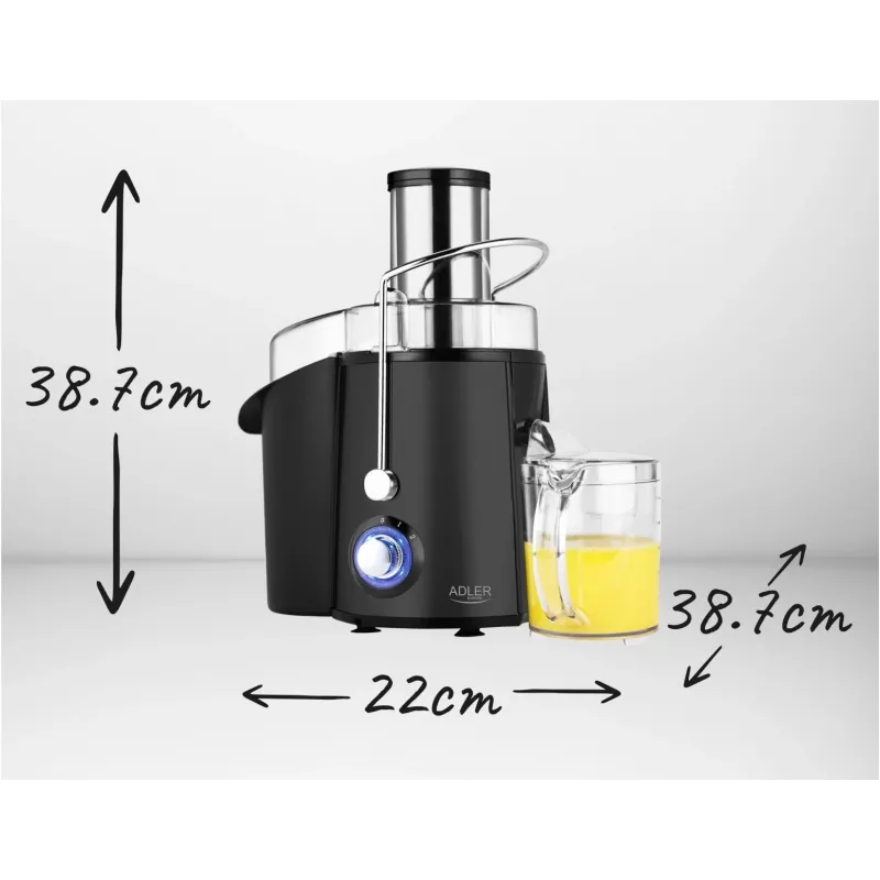 Centrbēdzes sulu spiede Adler AD 4127 — 1000 W, melna, ar sulas trauku, 3.9 kg