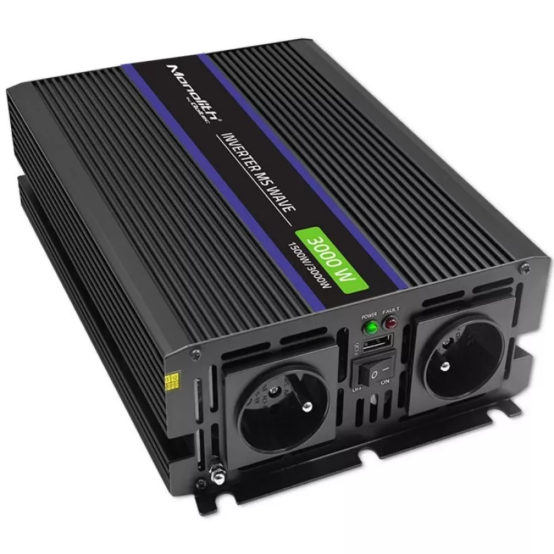 QOLTEC Monolith 3000 MS Wave tīkla invertors, 12V→230V, 1500/3000W, ar USB