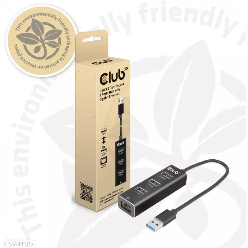 USB Hubs CLUB3D USB 3.2 Gen1 Type-A 3 Porti ar Gigabit Ethernet