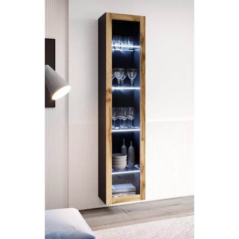 Vitrīnas skapis Cama Meble VIGO 180 sienas stikla vitrīna 1800×400×300 mm melns/wotan ozols