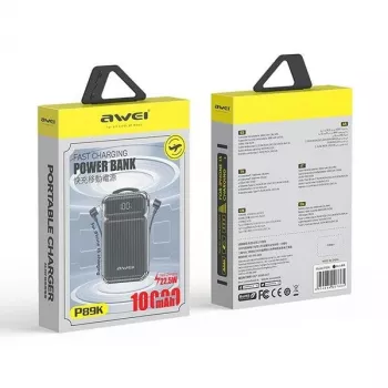 AWEI P89K portatīvais akumulators (power bank) 10000mAh 22,5W, ar PD/Lightning vadiem, melns