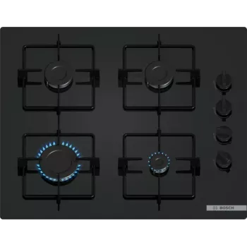Iebūvējamā gāzes plīts virsma Bosch Serie 2 POP6B6K30 60 cm, 4 gāzes zonas, melns rūdīts stikls, rotācijas vadība