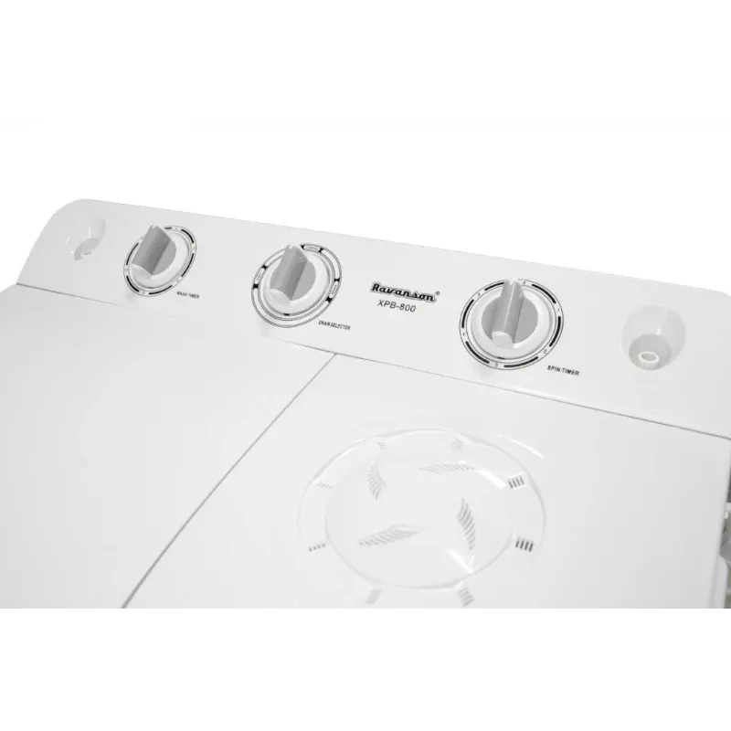Daļēji automātiskā veļas mašīna Ravanson XPB-800 — 7.5 kg, 1400 RPM, augšējā ielāde, balta