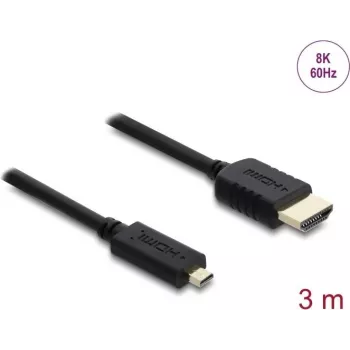 HDMI kabelis DELOCK 81692 — 3 m, HDMI A (standarta) uz HDMI D (mikro), 48 Gbit/s, līdz 7680×4320, apzeltīti kontakti, melns