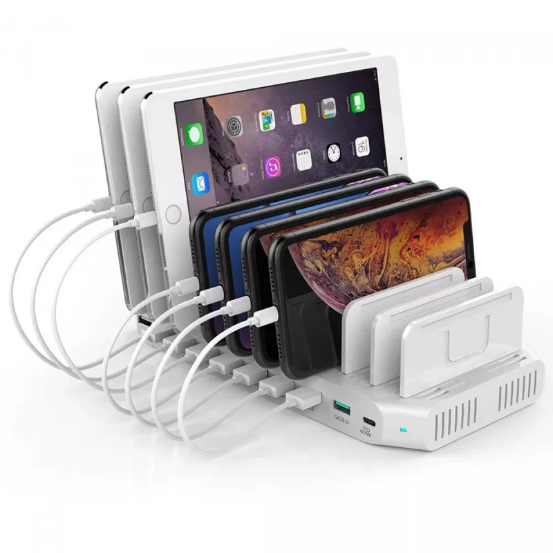 Uzlādes stacija Unitek Y-2190A — 10× USB porti (8×USB 2.0 + 2×USB 3.2 Gen1), bezvadu uzlāde, 96W kopā