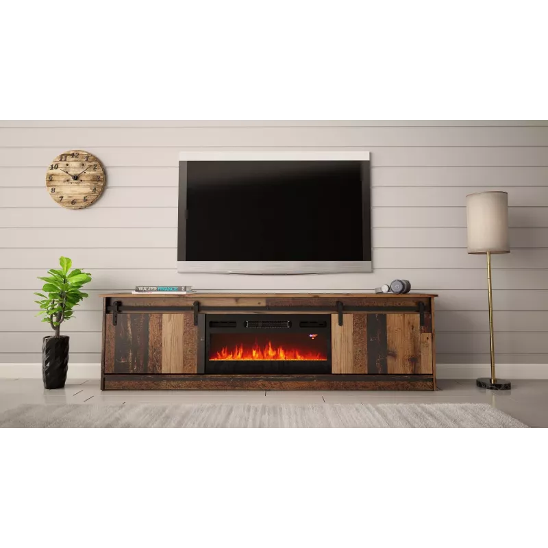 TV skapis Cama Meble GRANERO ar kamīna sekciju, 2000×567×350 mm, skaidu plātne/MDF, bīdāmās 2 durvis, matēts vecais koks