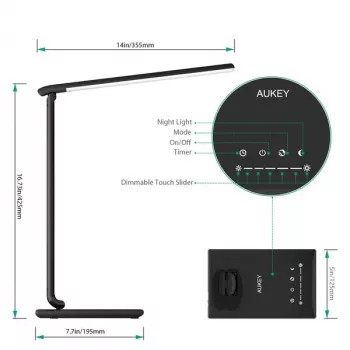 LED galda lampa Aukey LT-T10 12W 3000–6500K — regulējama krāsas temperatūra, melna