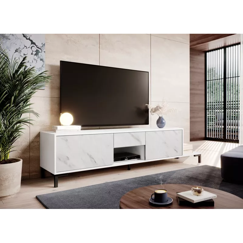 TV skapis Cama Meble MARMO 2D1S1K, 195x40x47.5 cm, balts matēts/virsma balts marmors