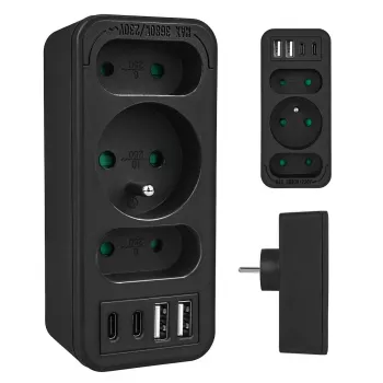 Strāvas sadalītājs MACLEAN MCE248 F/B — 3 AC kontaktligzdas (1x16A, 2x6A) un 4 USB porti (2xUSB‑A, 2xUSB‑C PD 20W), EU spraudnis, melns
