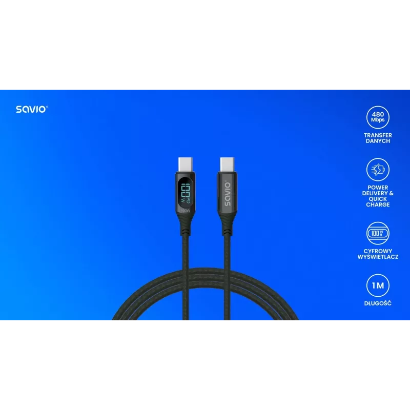 Savio USB-C - USB-C kabelis CL-174 1m melns USB 3.2 Gen 1