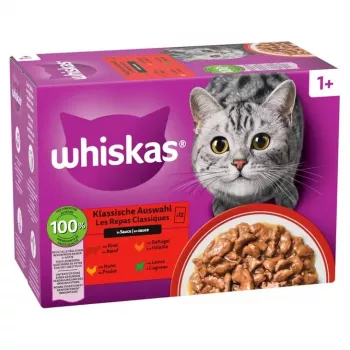 Whiskass kaķu slapjās barības maisiņu komplekts 80 x 85 g — jaukta mājputnu, jēra, liellopa un vistas gaļa