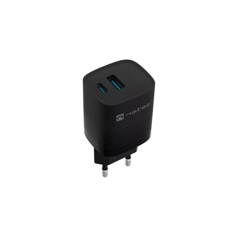 NATEC vadu mobilās ierīces lādētājs NUC-2141, 30W, USB-C PD 3.0 + USB-A QC 3.0, 110–240V, melns