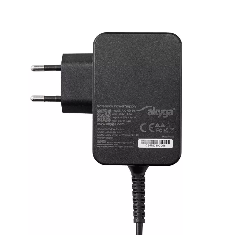 Akyga AK-ND-81 USB-C GaN klēpjdatora barošanas adapteris 65 W, PD 3.0, 5–20 V, 1,8 m kabelis, melns