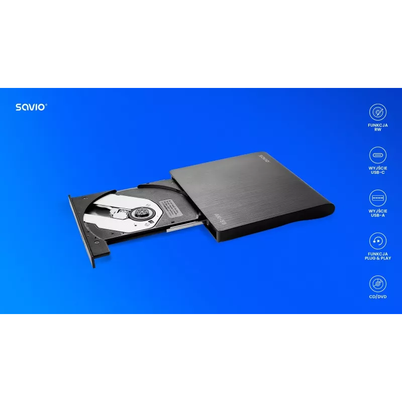 SAVIO AK-59 ārējais slinkais CD/DVD ierakstītājs R/RW - USB-C/USB-A, melns