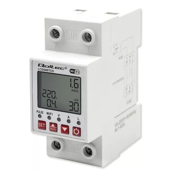 QOLTEC 50990 WiFi relejs DIN-sliežu, vienkanāla, 63A pārslēgšana elektroenerģijas uzskaitei un tālvadībai