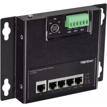 TRENDnet TI-PG50F - Industriālais slēdzis - nepārvaldāms - 5 x 10/100/1000 (PoE+) - DIN sliedes stiprinājums, sienas stiprinājums - PoE+ (120 W)