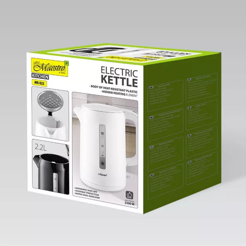 Elektriskā tējkanna Maestro MR-022-WHITE, 2.2 L, 1850–2200 W, plastmasas korpuss, 360° pamatne, pretkaļķa filtrs, ūdens līmeņa indikators