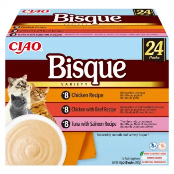 INABA Ciao Bisque krēmveida zupa gardums kaķiem, ar vistu, liellopu gaļu un zivi, 24 x 40 g