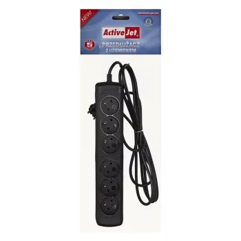 Strāvas sadalītājs ActiveJet 6GNU - 3M - C, 6 kontaktligzdas, E tips, 3 m kabelis, 10 A, melns