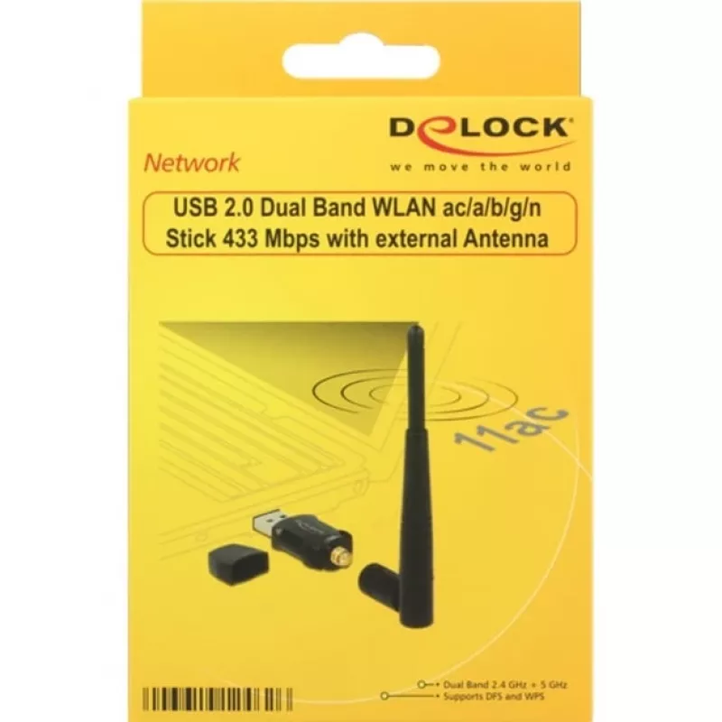 DeLock USB2.0 Dual Band WLAN ac/a/b/g/n tīkla adapteris - USB2.0 - 802.11b/a/g/n/ac - Melns (12462)