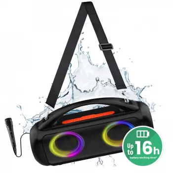 Portatīvais skaļrunis MEDIA-TECH MT3184 — Bluetooth 5.3, 60W RMS, IPX5, Li-Ion akumulators 16h, USB-C uzlāde, MicroSD, TWS, mikrofons, tālvadība