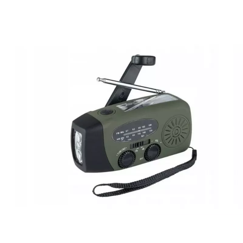 Ārkārtas radio FOSCO 464600 ar LED lukturīti, power bank, FM, IPX3, saules/manuālo/USB-C uzlādi — zaļš/melns