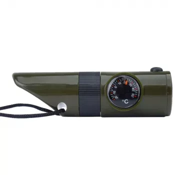 Daudzfunkcionāla izdzīvošanas svilpe Mil-Tec SP.22073 — 6-in-1 olīvkrāsā, kompass, termometrs, spogulis, palielināmais stikls, gaisma, 100×35×30 mm