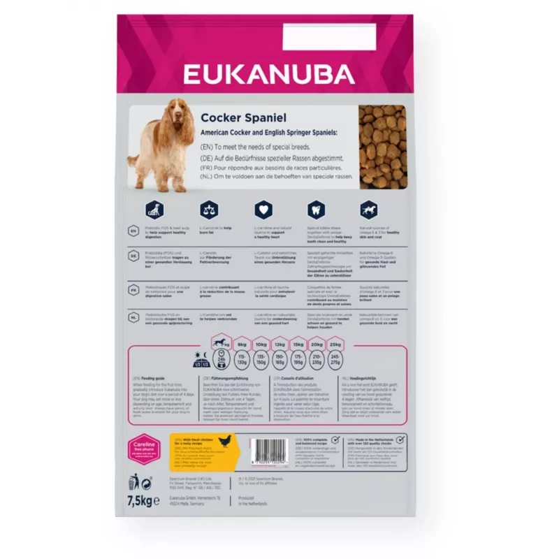 Sausā suņu barība EUKANUBA Breed Specific Cocker Spaniel 7,5 kg — Vistas gaļa, Pieaugušiem, Āda un kažoks, Sirds atbalsts
