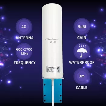 Āra visvirziena 4G LTE antenna QOLTEC 57044, 5 dBi, 600–2700 MHz, 50 W, 50 Ω, balts vara korpuss
