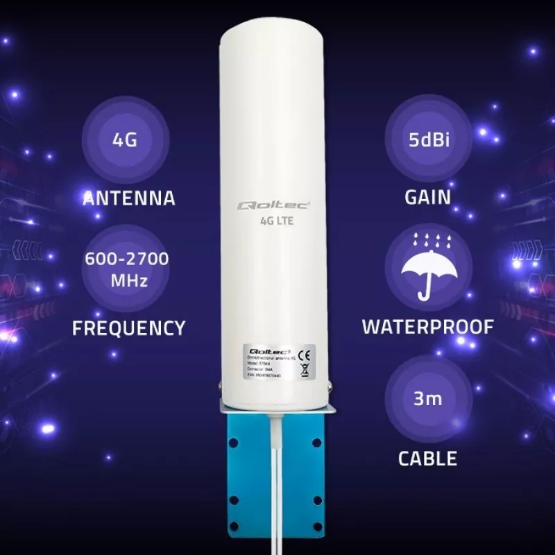 Āra visvirziena 4G LTE antenna QOLTEC 57044, 5 dBi, 600–2700 MHz, 50 W, 50 Ω, balts vara korpuss