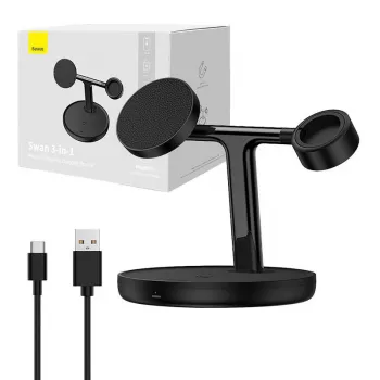 Baseus Swan 3-in-1 Magnētiskais bezvadu lādētājs 20W Melns Universālā versija (Iekļauts: USB-C 3A 1m kabelis)