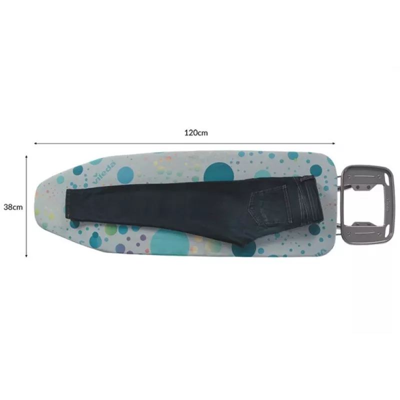 Pilna izmēra gludināmais dēlis Vileda — nerūsējošā tērauda kājas 1200×380 mm augstums 75–96 cm salokāms gludekļa turētājs