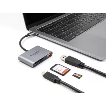 Delock 91016 USB-C karšu lasītājs SD un microSD kartēm ar USB-A portu un USB-C PD