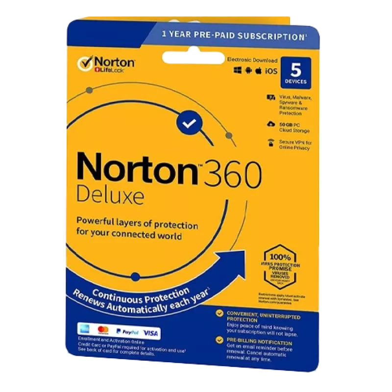 Norton 360 Deluxe | 5 ierīces | 1 gads | 50 GB mākoņkrātuve | ES | NAV ABONEMENTS