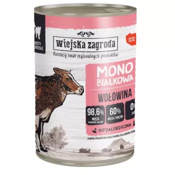 Slapjā barība kaķiem wiejskazagroda Monoprotein Beef 400 g – pilnvērtīga konservēta diēta pieaugušiem kaķiem, liellopu gaļa