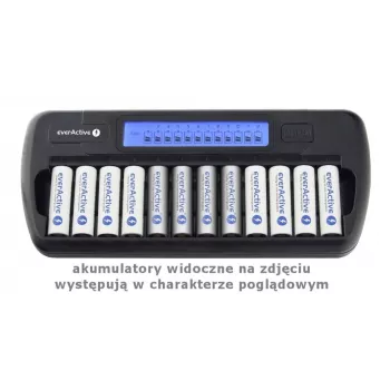Lādētājs akumulatoriem everActive NC-1200 — universāls 12 bateriju lādētājs AA/AAA, 12 V ieeja, melns