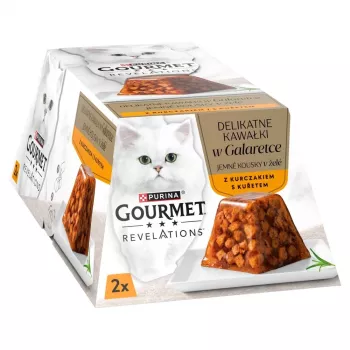 Mīkstā kaķu barība Purina Nestlé Gourmet Revelations gabaliņi želejā ar vistu 2 x 57 g, pieaugušiem kaķiem, olbaltumvielas 9%, mitrums 83%
