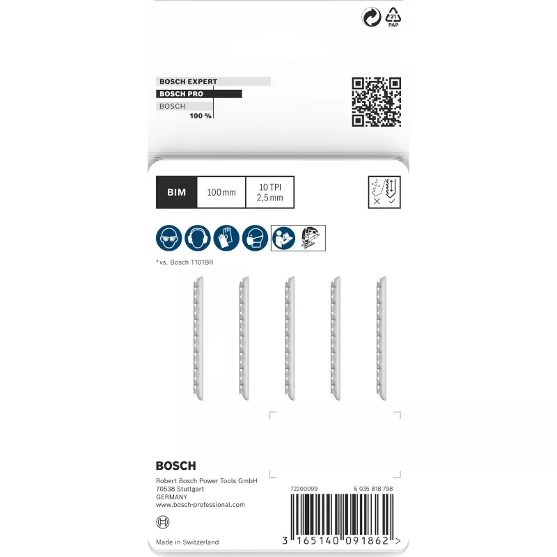 Finierzāģa asmeņi Bosch T 101 BRF Clean cietai koksnei — Bimetāls, 2.5 mm solis, 100 mm, 5 gab.