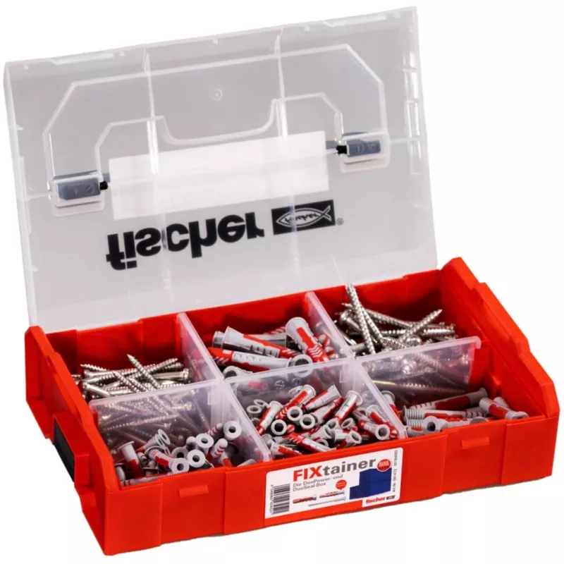 FixTainer - DUOPOWER & DUOSEAL + Skrūves, Sienas Dībelis Gaiši Pelēks/Sarkans, 275 gab.